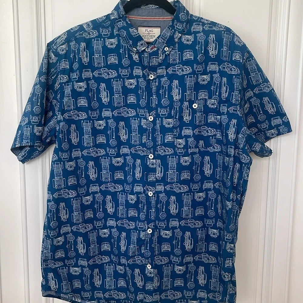 Flag & Anthem button down shirt vintage classic car blue white  short sleeve XL - Picture 12 of 12